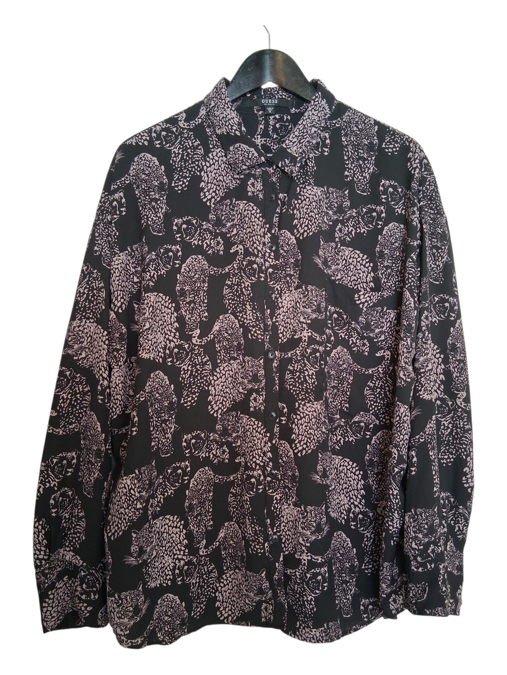 ​GUESS Leopard Big Cat Print Button Down Shirt Black And Pink Size XL